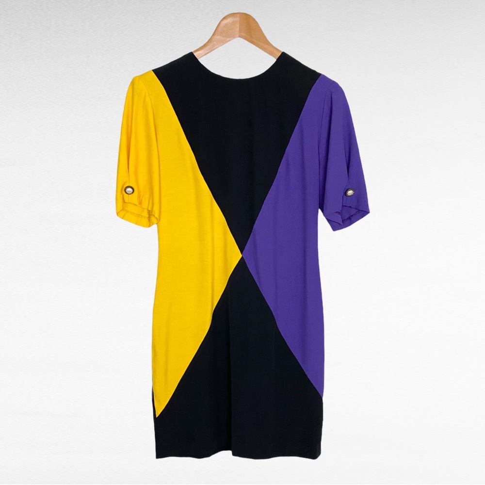 VINTAGE | 1980’s Beau Mondé Black Yellow Purple Colorblock Retro Mini Dress